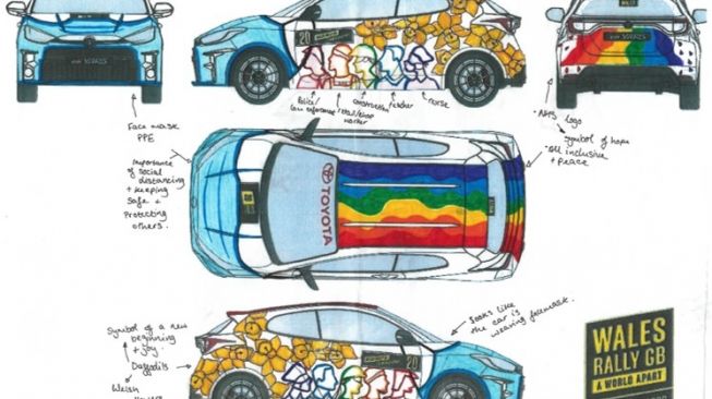 Desain bertopik tim reli Wales karya Alice Goodlife (16). Ia meraih posisi juara kontes seni "Design a Rally Car Livery" yang diadakan Toyota UK [Toyota UK].