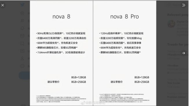 Bocoran Huawei Nova 8. [Twitter/@StationChat]