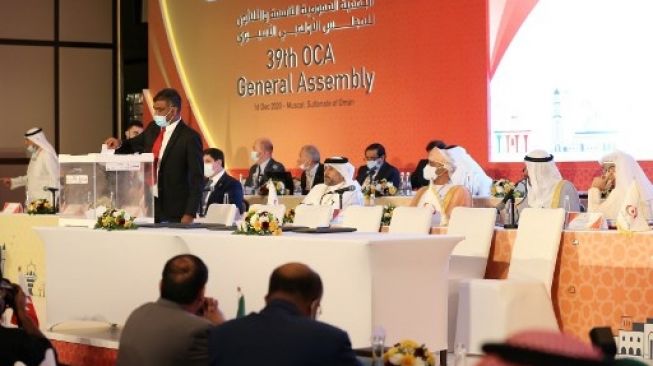 Rapat dewan eksekutif OCA yang berlangsung di Muscat, Oman, Rabu (16/12/2020), di mana Doha ditetapkan sebagai tuan rumah Asian Games 2030. [AFP]