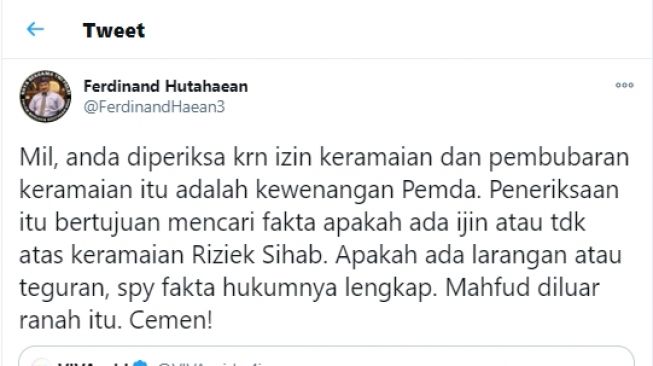 Ridwan Kamil Merasa Diperlakukan Tidak Adil, Ferdinand Hutahaean: Cemen!