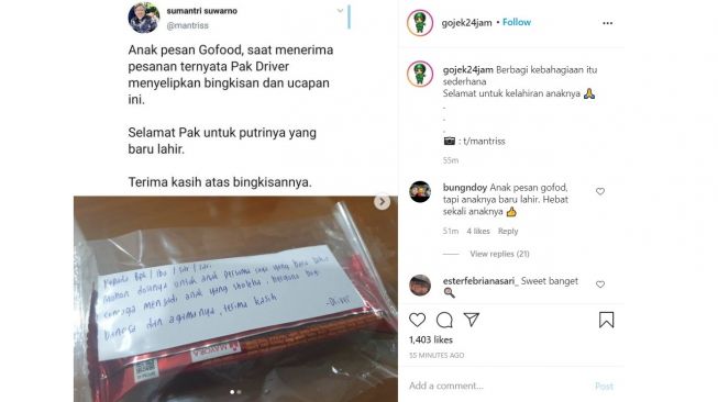 Bingkisan untuk bocah yang memesan makanan via aplikasi ojol bikin menyentuh hati (Instagram)