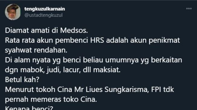 Tengku zul memberi komentar soal pembenci FPI. (Twitter/@ustadtengkuzul)