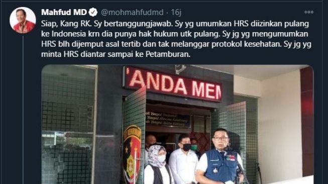 Mahfud MD soal kepulangan Habib rizieq yang menimbulkan kerumunan. (Twitter/@mohmahfudmd)