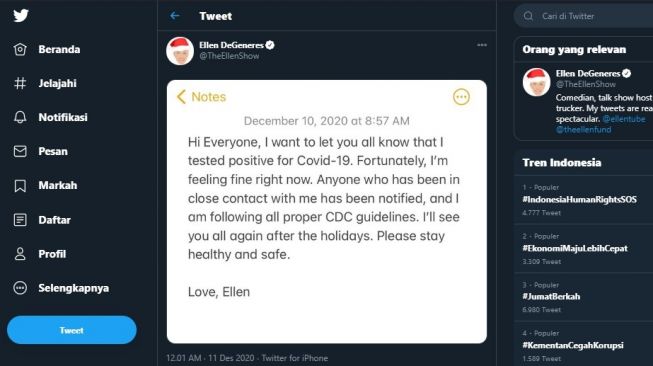 Cuitan Ellen tentang Covid-19 (Twitter/EllenDeGeneres)