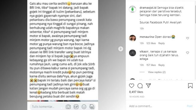 Cerita pengemudi ojol asal Pekanbaru yang dibawa lari sepeda motor serta ponselnya. - (Instagram/@dramaojol.id)