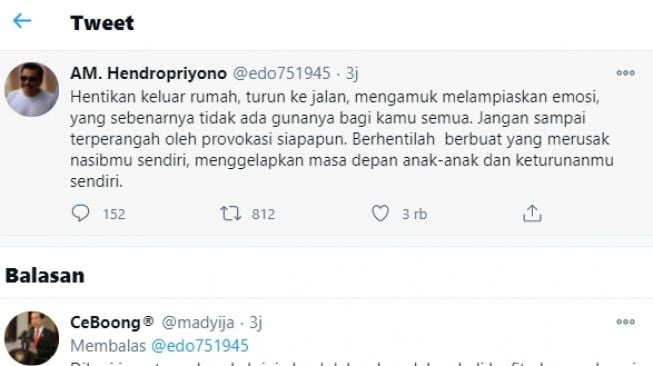 Cuitan eks Kepala BIN, A.M Hendropriyono. [Twitter]