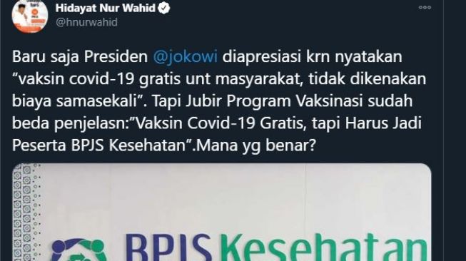 Hidayat Nur Wahid soal vaksin gratis. (Twitter/@hnurwahid)