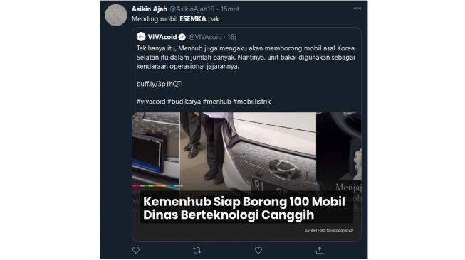 Tanggapan warganet soal keputusan Menhub Budi Karya pilih mobil listrik Korsel ketimbang Esemka