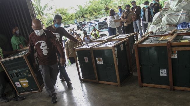 Petugas BBKSDA Sumatera Utara dibantu petugas kargo menurunkan kandang orangutan disaat Repatriasi Orangutan Sumatra (Pongo abelii) dari Malaysia ke Indonesia, di Terminal Kargo Bandara Kualanamu Deli Serdang, Sumatera Utara, Jumat (18/12/2020). [ANTARA FOTO/Rony Muharrman]