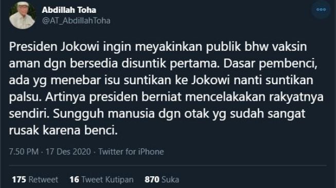 Kicauan Abdillah Toha soal vaksin Joko Widodo (Twitter/@AT_AbdillahToha)