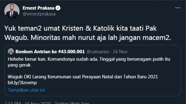 Cuitan Ernest bahas kaum minoritas (Twitter)