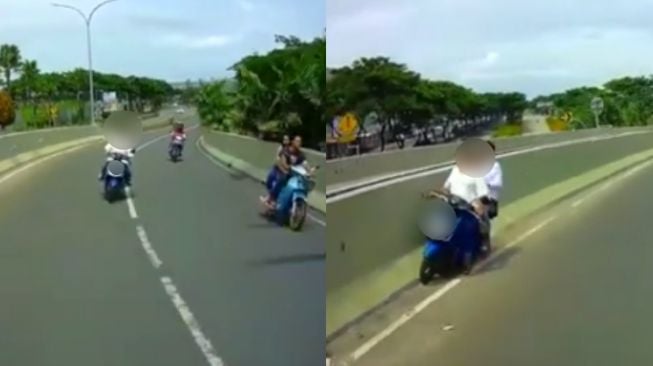 Aksi Pemotor Bocah Nekat Bonceng Tiga, Malah Berujung Apes