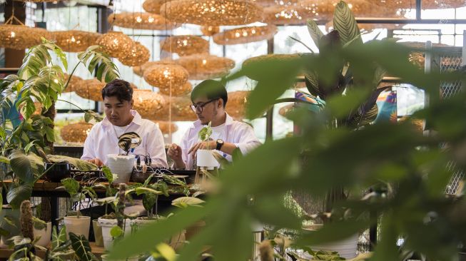 Duo musisi Bottlesmoker melakukan pertunjukan musik untuk tanaman di Galeri Flora Indonesia, Dusun Bambu, Cisarua, Kabupaten Bandung Barat, Jawa Barat, Sabtu (19/12/2020). [ANTARA FOTO/M Agung Rajasa]