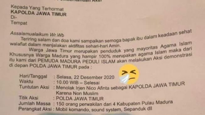 Beredar Surat Pemberitahuan Aksi Penolakan Kapolda Jatim karena Non Muslim