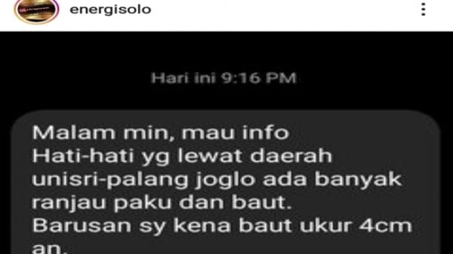 Tangkapan layar ranjau paku di Solo (Istimewa/@energisolo)