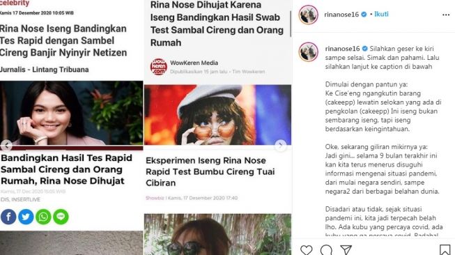 Unggahan Rina Nose [Instagram/@rinanose16]