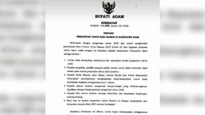 Surat Edaran Bupati Agam melarang perayaan Tahun Baru. [Klikpositif/Istimewa]