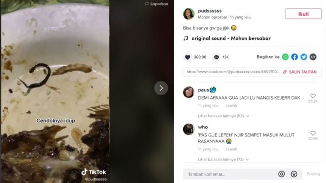 Video cewek nggak sengaja menelan cacing dari air putih. (Tiktok/@pudssssss)