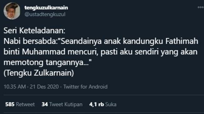 Cuitan Tengku Zulkarnain. (Twitter/ustadtengkuzul)