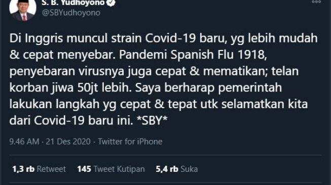 SBY tanggapi virus Covid-19. (Twitter/@SBYudhoyono)