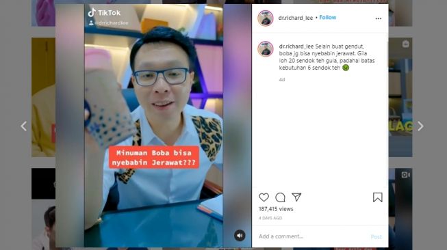 Dokter Richard Lee menerangkan mengapa minuman boba bikin jerawatan. (Instagram/@dr.richard_lee)