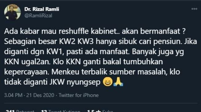 Cuitan Rizal Ramli. (Twitter/@RamliRizal)