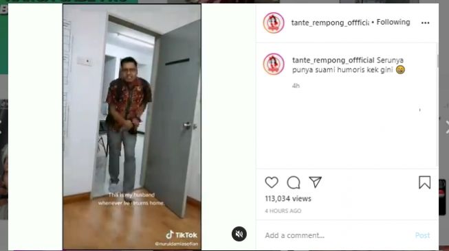 Kelakuan kocak suami saat pulang kerja. (Instagram/@tante_rempong_offficial)