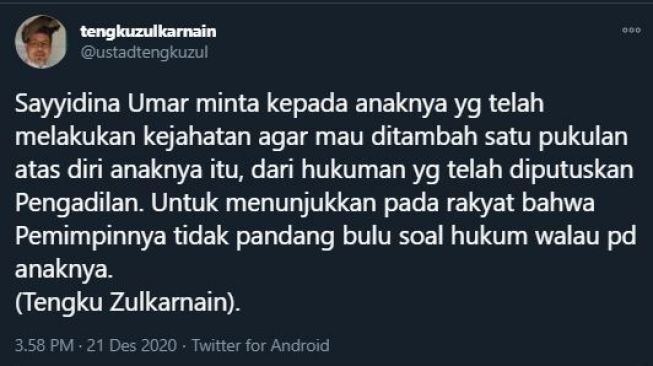 Cuitan Tengku Zulkarnain. (Twitter/ustadtengkuzul)