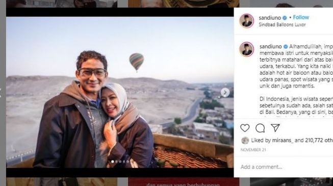 Potret Liburan Sandiaga Uno bersama Istri (Instagram @sandiuno)