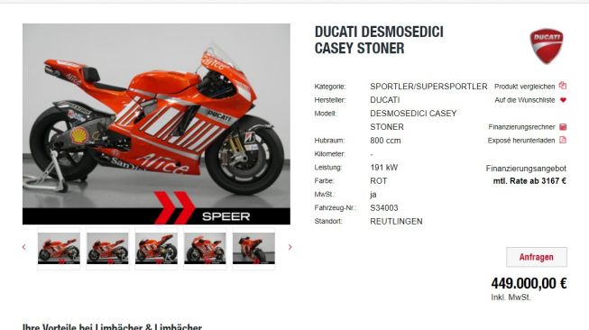 Ducati Desmosedici GP8 dijual bebas (motorrad-speer.de)