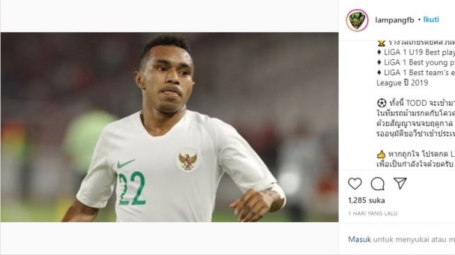 Lampang FC berikan pujian untuk Todd Rivaldo Ferre. (Instagram/lampangfb)