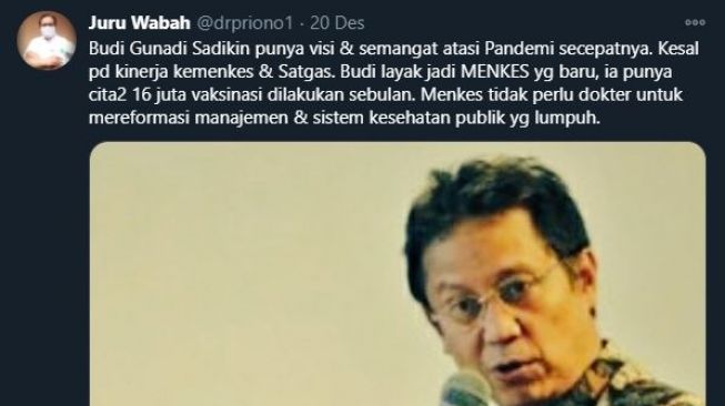 Pandu Riono soal reshuffle kabinet menkes. (Twitter/@drpriono1)