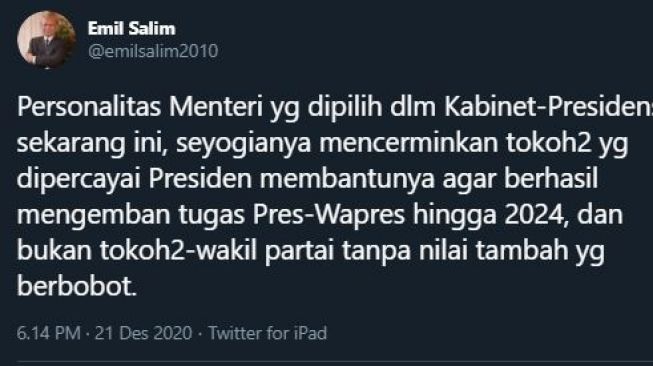 Cuitan Emil Salim. (Twitter/emilsalim2010)