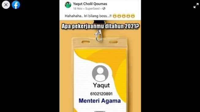 Yaqut Cholil Qoumas alias Gus Yaqut ternyata pernah diramalkan akan menjadi Menteri Agama. Dalam aplikasi permainan SuperSeed di akun Facebook.