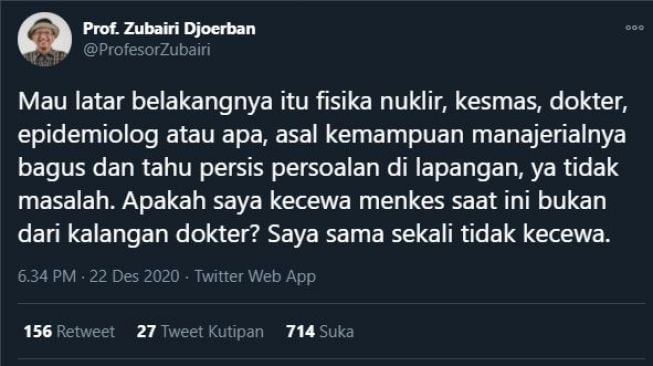 Zubairi Djoerban soal menkes baru. (Twitter/@ProfesorZubairi)