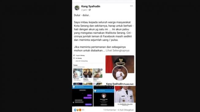 Beredar Facebook Palsu Wali Kota Serang, Motif Minta Pulsa via Messenger