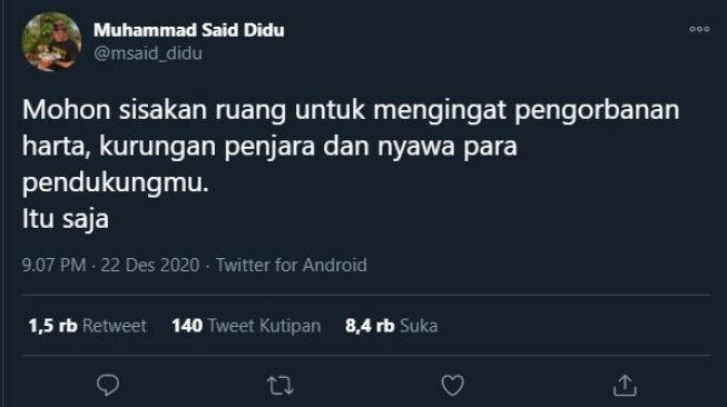 Kicauan Said Didu melihat Sandiaga Uno jadi Menteri. (Twitter/@msaid_didu)