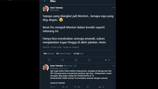 Cuitan Ienas Tsuroiya saat tahu sepupu jadi Menag (Twitter/@tsuroiya)