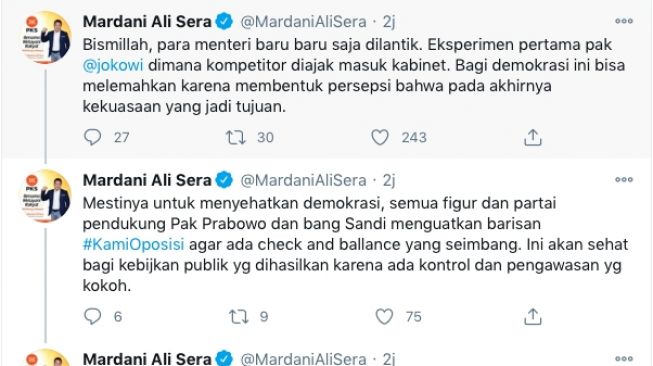 Tangkapan layar cuitan Twitter Politikus PKS Mardani Ali Sera 