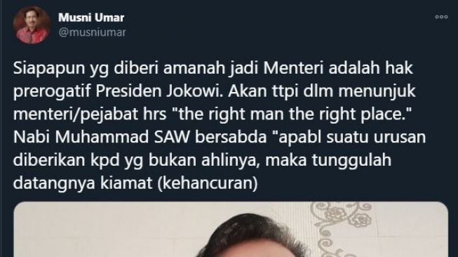 Kicauan Musni Umar soal reshuffle kabinet. (Twitter/@musniumar)