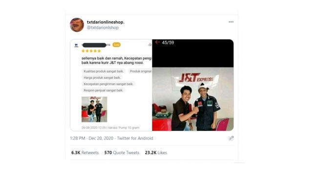 Ulasan belanja online yang mengantar mirip Valentino Rossi. [Twitter]