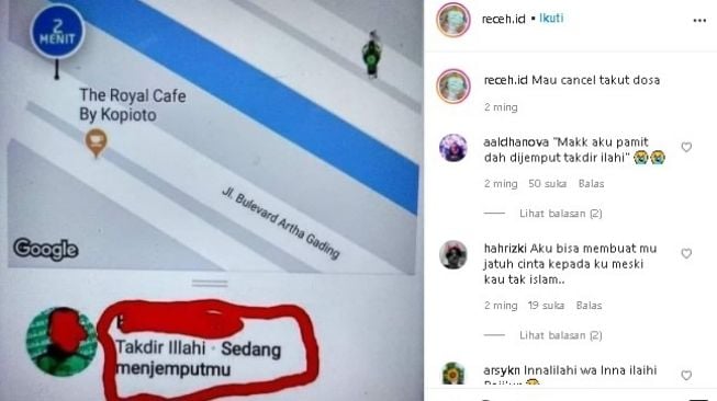 Sopir ojol pakai nama unik. (Instagram/@receh.id)