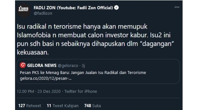 Cuitan Fadli Zon tentang isu 'dagangan' kekuasaan Menteri Agama (twitter.com/fadlizon)