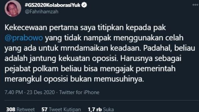 Cuitan Fahri Hamzah. (Twitter/Fahrihamzah)