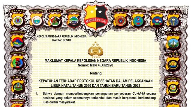 Maklumat Kapolri berkaitan penerapan protokol kesehatan saat libur natal dan tahun baru.