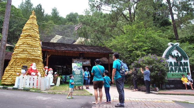 Pengunjung foto di depan pohon Natal dari 2020 botol minum plastik bekas di Taman Safari Indonesia, Cisarua, Kabupaten Bogor, Jawa Barat, Kamis (24/12/2020).  ANTARA FOTO/Arif Firmansyah