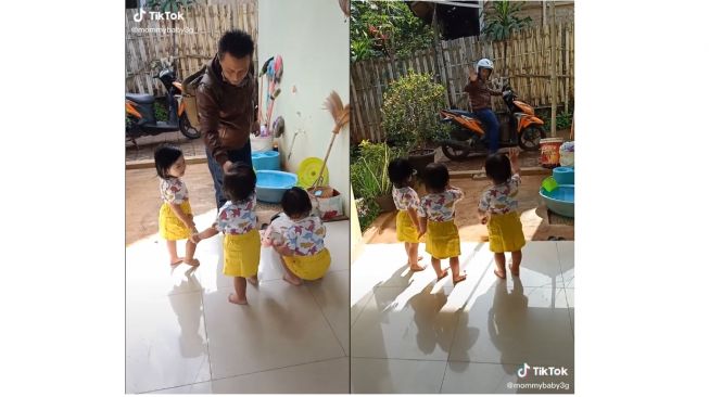 Cuplikan saat ketiga anak kembar antar sang ayah yang hendak pergi bekerja (tiktok.com/@mommybaby3g)