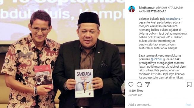 Sandiaga Uno Jadi Menparekraf, Fahri Hamzah Justru Kecewa dengan Prabowo