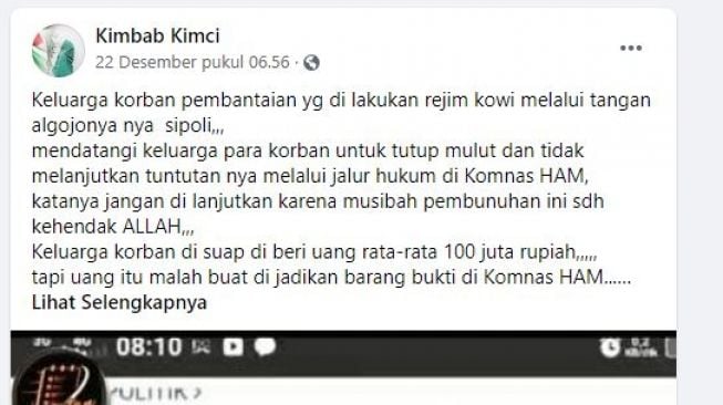 Keluarga 6 anggota FPI yang tewas diberi uang tutup mulut. (facebook/Kimbab Kimci)