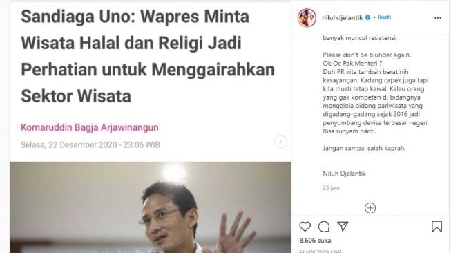 Sandiaga Uno soal wisata halal. (Instagram/@niluhdjelantik)